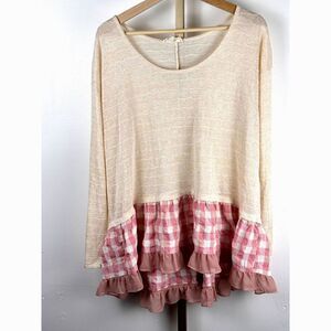 Entro Long Sleeve Cream Lightweight Sweater w/ Gingham RuffleTrim EUC SZ L